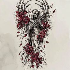 Angel Of Death Tattoo Art Pack Dark Themed Tattoos, Vibrant Tattoos, Arm Tattoos For Guys Forearm, Simple Tattoos For Guys, Z Tattoo, Clock Tattoo Design, Skull Art Drawing, Warrior Tattoos