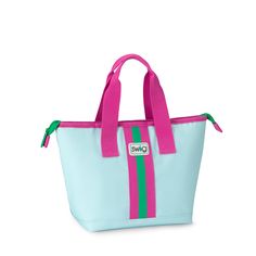 a blue and pink tote bag on a white background