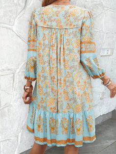 Women's Summer Bohemian Dress V-Neck Long Sleeve Floral Print Mini Dress Hippie Boho Print V-neck Dress, Flowy V-neck Boho Print Dress, Hippie V-neck Mini Dress For Spring, Casual V-neck Peasant Dress For Spring, Bohemian V-neck Midi Dress For Fall, Bohemian V-neck Fall Dresses, Fall Vacation V-neck Dress, Bohemian Floral Print Midi Dress, Bohemian Midi Dress With Floral Print