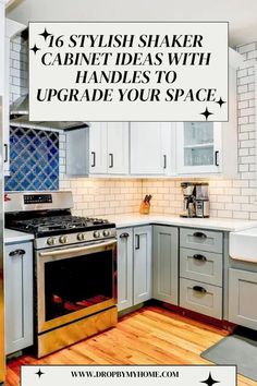 a kitchen with white cabinets and wood floors is featured in the article stylish shaker cabinet ideas with handles to upgrade your space