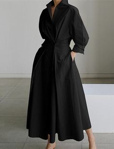 Elegant Shirt Dress, Black Linen Dress, Dress Sleeve Length, Maxi Shirts, Retro Mode, Sleeves Clothing, Maxi Robes, Vestidos Vintage, Fashion 2024