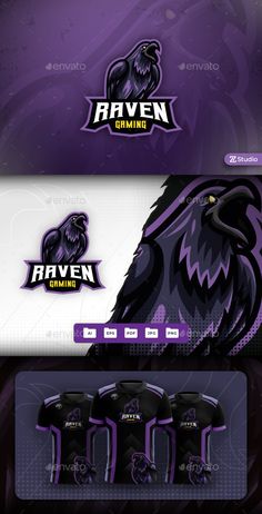 the logo for raven gaming is shown in purple and black colors, as well as an image