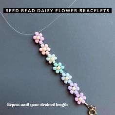 seed bead daisy flower bracelets with keychain on grey background text reads seed bead daisy flower bracelets repeat until your desired length