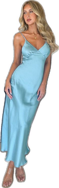 Light Blue V-neck Evening Dress For Party, Elegant Midi-length Satin Dress For Prom Season, Blue Satin V-neck Dress For Party, Solid Color Midi Bridesmaid Dress, Solid Color Midi-length Bridesmaid Dress, Solid Midi Length Bridesmaid Dress, Elegant Light Blue V-neck Evening Dress, Elegant V-neck Midi Dress For Prom, Light Blue V-neck Dress For Prom