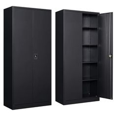 two black storage cabinets side by side, one with doors open and the other closed