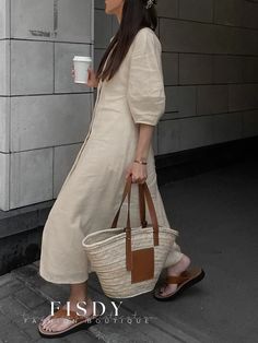 Fisdy - Stylish V-Neck Button-Down Dress for Casual and Vacation Wear Casual Neutral Midi Dress For Summer, Neutral V-neck Midi Dress For Summer, Summer Neutral V-neck Midi Dress, Neutral Long Sleeve Midi Dress For Summer, V Neck Pattern, Buttoned Dress, Vacation Dress, Vacation Wear, Puffed Sleeves Dress