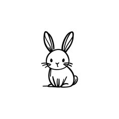 a black and white drawing of a rabbit sitting on top of the ground with its eyes closed