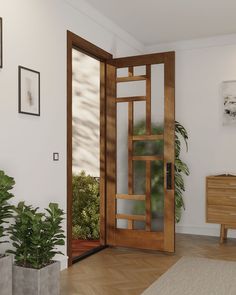 an open door in a room with potted plants