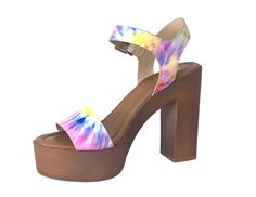 Tie-dye printed leather upper Ankle strap with buckle closure Leather lining Memory foam sock Rubber outsole Approx. 4.72″ heel height Multicolor Ankle Strap Heels With Buckle Closure, Multicolor Sandals With Buckle Closure And Open Heel, Multicolor Buckle Closure Sandals With Open Heel, Multicolor Open Heel Sandals With Buckle, Multicolor Open Heel Heels With Buckle Closure, Tie Dye Print, Printed Leather, Women's Shoes Sandals, Ankle Strap