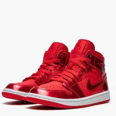 Hurry And Cop These Rare And Exclusive Air Jordan 1 Mid “Pomegranate” Shoe That Turns Heads With Its All-Red-Everything Aesthetic. The “Pomegranate” Channels A Similar Energy To That Of The All-Red Air Jordan 1 High Og’s “Legends Of Summer” Colorway, One Of The Most Desirable Jordan 1 Releases In History. University Red Leather Is Found On The Perforated Toe, Mid-Panel, And Collar. The Overlays, “Wings” Logo On The Collar, And Swoosh On The Sides Are Designed In Pomegranate-Colored Synthetic Lea Luxury Red Sneakers For Streetwear, Red Patent Leather Sneakers With Round Toe, Red Patent Leather Low-top Sneakers, Red Patent Leather Lace-up Sneakers, Pomegranate Color, History University, Shoe Ideas, Jordan 1 High Og, Wings Logo