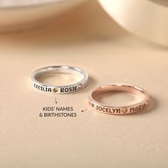 ► PRODUCT INFORMATION * Material: High Quality Solid 925 Sterling Silver * Finishing: Silver, Gold or Rose Gold. * Word limit: Up to 5 words with a birthstone after each name H O W * T O * O R D E R 1. Select your preferred COLOR  from the menu. 2. Select your ring SIZE from the menu. 3. Enter the NAME & BIRTHSTONE you want for the ring to the "Add your personalization" box. Regardless of whether you enter uppercase or lowercase letters, they will appear in the case and style seen in the display Personalized Rose Gold Stackable Rings In Sterling Silver, Personalized Silver Couple Rings For Mother's Day, Rose Gold Sterling Silver Birthstone Promise Ring, Customizable Stackable Rose Gold Rings, Customizable Rose Gold Stackable Rings, Silver Birthstone Ring With Names In Sterling Silver, Silver Sterling Birthstone Ring With Names, Customizable Silver Birthstone Ring For Birthday, Engraved Ring For Birthday