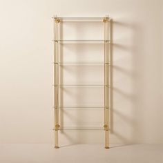 a tall shelf with glass shelves in the middle and gold trimmings on it