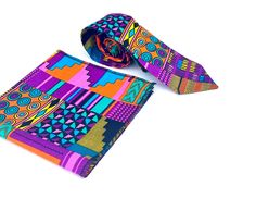 African print Tie  Colorful Adult size  ties 100% Cotton - Ties - Handkerchief (pocket square 14 by 14 ) Adult size  Perfect for special occasion! Can be customized with any fabric from my shop Multicolor Tie With Pocket Square, Multicolor Ties With Pocket Square, Multicolor Suit And Tie Accessories With Pocket Square, Multicolor Pocket Square With Ties As A Gift, Multicolor Rectangular Pocket Square For Gift, Purple Kente, Upper Darby, Tie Accessories, Printed Ties