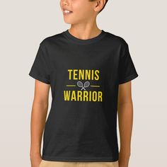 a young boy wearing a black tennis t - shirt with the words tennis warrior on it