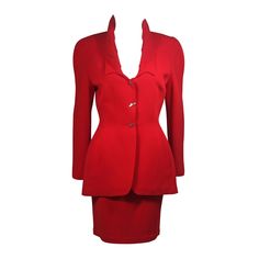 This skirt suit is composed of red fabric. The jacket has center front closures with silver hardware. The skirt has a classic pencil silhouette with zipper closure. In excellent vintage condition. Made in France. **Please cross-reference measurements for personal accuracy. Measurements (Approximately) Jacket Size 40 Length: 29" Sleeve: 24" Shoulder to shoulder: 16" Bust: 40" Waist: 30" Skirt Size 40 Length: 22" Waist: 27" Hip: 38" Red Satin Skirt, Black Satin Skirt, Black Velvet Jacket, Gold And Black Dress, Pencil Silhouette, Peplum Skirt, Skirt Suit Set, Purple Skirt, Fabric Combinations