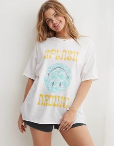 Aerie Smiley® Graphic Oversized Boyfriend T-Shirt Cute Oversized Shirts, Aerie Clothing, Smiley Graphic, Boyfriend Tshirt, Distressed Fabric, Boot Cut Leggings, Cute Graphic Tees, Cool Graphic Tees, Maternity Shops