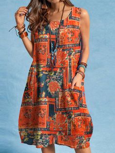 Casual Sleeveless Dress With Buttons, Casual Orange Sleeveless Knee-length Dress, Casual Orange Knee-length Sleeveless Dress, Casual Orange Cotton Sleeveless Dress, Casual Orange Sleeveless Cotton Dress, Cottagecore Letter, Cheap Summer Dresses, Cotton Maxi Dress, Sleeveless Midi Dress