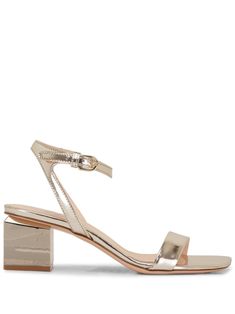 gold-tone leather metallic effect open toe buckle-fastening ankle strap branded footbed 60mm block heel leather sole Gold Block Heels, Sandals Gold, Metallic Shoes, Metallic Heels, Blue Sandals, Open Toe Sandals, Toe Sandals, Slingback Sandal, Metallic Leather