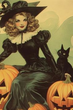 a woman in a black dress and hat sitting on pumpkins with a cat next to her