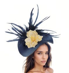 Navy Blue Yellow Feather Flower Ladies Royal Ascot Fascinator Hat Headband Womens Kentucky Derby Headpiece Day Headwear Wedding Church Hats Hats By Cressida Kentucky Derby & Ascot Fascinator Hats Navy Blue & Yellow Jeanine Flower Feather Fascinator Gorgeous array of navy feathers surround a large yellow magnolia flower set on a round soft navy base.  Base measures 14 inches wide This yellow and navy blue headpiece is mounted with a matching headband. If you prefer a headband to match your hair, Summer Blue Headpiece With Handmade Flowers, Elegant Blue Fascinator With Handmade Flowers, Elegant Blue Fascinator For Garden Party, Elegant Fitted Flower Costume Hats And Headpieces, Elegant Blue Headpiece For Garden Party, Summer Floral Headpieces For Races, Blue Mini Hats With Handmade Flowers And Adjustable Fit, Adjustable Blue Mini Hats With Handmade Flowers, Kentucky Derby Formal Flower Fascinator