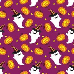 a purple background with white ghost and orange pumpkins on it's head, wearing a black hat