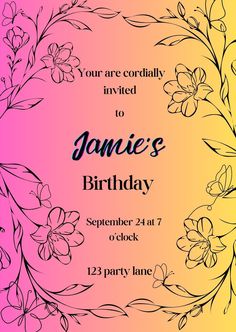 a birthday party card with flowers and leaves on the front in pink, yellow and blue