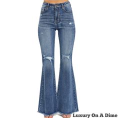 Chic High-waisted Distressed Jeans, Chic Mid-rise Distressed Flare Jeans, Chic Distressed Fitted Bottoms, Chic Ripped Stretch Flare Jeans, Chic Stretch Ripped Flare Jeans, Chic Distressed Mid-rise Flare Jeans, High Waist Distressed Jeans For Fall, Chic Ripped High Rise Flare Jeans, Fall Fitted Ripped Flare Jeans