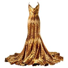 Roberto Cavalli Vintage Gold Leopard Evening Gown Dress with Gold Chain Halter - Fall/Winter 2003 Size M 1920s Gold Dress, Greek Inspired Gown, Leopard Gown, Roberto Cavalli Fall 2023, Roberto Cavalli Vintage, 1930s Fashion Dresses, Vintage Roberto Cavalli, Roberto Cavalli Dress Vintage, Vintage Roberto Cavalli Dress