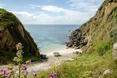 there is a small boat on the beach next to some rocks and flowers by the water