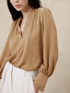 Winter Blouses, Fall Blouse, Banana Republic Factory, Band Collar, Crepe Fabric, Brown Gold, Banana Republic, Solid Colors, Sustainability