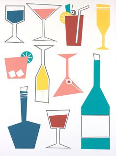 an image of various cocktails and drinks on a white background with blue, pink, yellow and orange colors