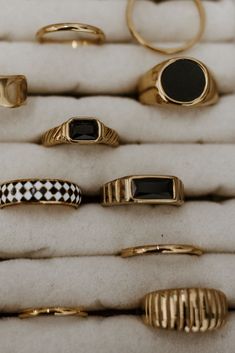 Every Ring Collection needs a black statement ring. This is it. 18k Rich Gold Plated Stainless Steel Filled Water-resistant Tarnish Free Safe to wear in the shower Hypoallergenic for my sensitive skin girls. Luxury Bronze Ring As Gift, Luxury Black Enamel Ring Modern Style, Dark Feminine Gifts, Luxury Yellow Gold Onyx Ring, Black Onyx Gold Ring, Black Women Gold Jewelry, Ring Stacks Gold, Gold Rings Black Women, Golden Rings Aesthetic