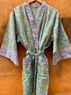 "Bridesmaid robe, Kimono robe, Loungewear, dressing gown, Cotton robe, plus size robe, Christmas gift, kaftan robe, Boho robe, Kimono kaftan Beautiful Blockprint PURPLE TULIPS with white piping and floral placeets- Handmade ROBE with white piping, two front pockets and matching belt. All robes and kaftans are made to measure- tailored only for you! I have made this beautiful robe in Indian hand block print and ultrasoft premium cotton which is breathable and free-flowing , perfect for all sizes Blue Floral Print Beach Robe, Summer Block Print Kimono With Kimono Sleeves, Traditional Block Print Kimono For Vacation, Green Robe With Kimono Sleeves For Loungewear, Green Kimono Sleeve Robe For Loungewear, Bohemian Printed Kimono, Traditional Multicolor Robe For Vacation, Bohemian Printed Home Kimono, Green Bohemian Floral Robe