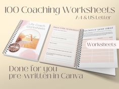 a spiral notebook with the words, 100 coaching worksheets and an image of a woman doing yoga