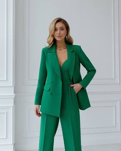 Fabric: Suiting fabric Cotton 65%, Polyester 35% Included: Blazer, Tops, Pants Blazer length: 74 cm/ 29 in Sleeve length: 61 cm/ 24 in Pants length: 116 cm/ 45,6 in 4 Buttons Wide-leg pants Sweetheart top Lining option: Fully-lined Colors: Red, Green, Black, White, Crimson, Pink, Mocha, Electric Blue, Coral Fitted Wide Leg Set With Pockets, Fitted Solid Color Wide Leg Sets, Fitted Wide Leg Solid Color Sets, Solid Color Fitted Wide Leg Sets, Elegant Wide-leg Sets With Pockets, Fitted Trousers Sets With Pockets, Elegant Green Sets With Pockets, Fitted Full-length Sets With Pockets, Tailored Sets With Pockets And Suit Collar