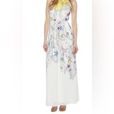 Ted Baker Ellly Passion Flower Print Halter Chiffon Maxi Dress Size 3 Us White Sleeveless Chiffon Dress For Spring, White Sleeveless Chiffon Dress For Garden Party, Sleeveless Floral Print Chiffon Dress For Brunch, Sleeveless Chiffon Dress With Floral Print For Brunch, White Fitted Chiffon Dress For Garden Party, White Floral Print Sleeveless Chiffon Dress, Flowy Yellow Chiffon Dress With Floral Print, Elegant Yellow Floral Dress For Garden Party, Yellow Floral Print Chiffon Maxi Dress