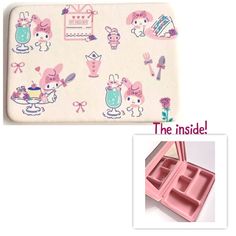 the inside of a pink case with an image of rabbits and other things on it