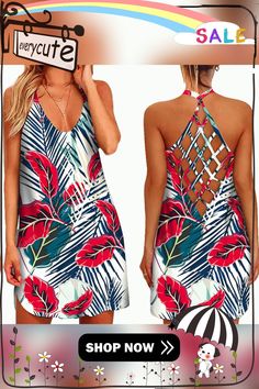 Women's Sexy Hollow Suspender Party Dress Backless Hawaiian Style Floral Print Sling Cutout Vestidos Summer Women's Dress Red V-neck Backless Summer Dress, Fitted Beach Suspender Sling Dress, Fitted Sling Suspender Dress For Beach, Stretch Backless Dress With Spaghetti Straps For Beach, Stretch Sundress With Spaghetti Straps For Vacation, Strappy Stretch Beach Dress, V-neck Backless Dress For Beach Party, Summer Party Mini Dress With Built-in Bra, Fitted Sling Sundress For Beach