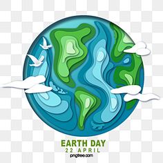 the earth with clouds and birds flying around it, on a white background that says earth day