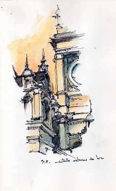 an ink drawing of a building with steeples