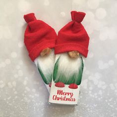 a christmas card with two small gnomes wearing red hats and green leaves on it