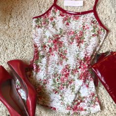 Brand New Never Worn Sinatra Sheer Lace Red Trim Tank By Anne Fontaine. Size 38 But Small Fits Like Her 36. I Bought It On Line And It’s Too Small For Me. The Store Said It Was Supposed To Fit Like “Shapewear” Will Fit American Size 2-4. Fitted Floral Print Camisole With Tank Straps, Fitted Floral Print Tank Camisole, Fitted Red Floral Print Tank Top, Fitted Lace Camisole Casual Style, Casual Fitted Lace Camisole, Red Summer Camisole With Tank Straps, Elegant Red Cami Tank Top, Red Camisole Tank Top For Spring, Red Spaghetti Straps Tank Top For Spring