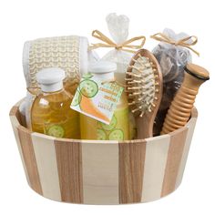 a wooden basket filled with lots of different items