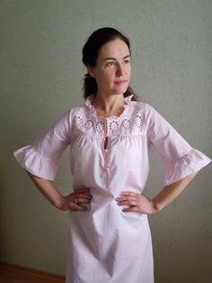 Amazing vintage nightgown. Delicate night dress with embroidery and lace. Pale pink colour. Cotton, is gentle, light and pleasant to the body. Excellent condition!! Size S/M. Model is size M 170cm growth. **This item will come to you freshly laundered and ready to wear. **If you want to purchase more items, please message me, I will make a special price and delivery. Pink Summer Nightgown For Home, Feminine Nightgown With Lace Trim For Home, Feminine Lace Trim Nightgown For Home, Feminine Spring Nightgown, Feminine Pink Nightgown, Pink Feminine Nightgown, Feminine Lace Trim Chemise For Spring, Pink Lace Trim Chemise For Daywear, Pink V-neck Nightgown For Home