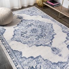 a blue and white area rug with an ornate design on the bottom, in front of a window