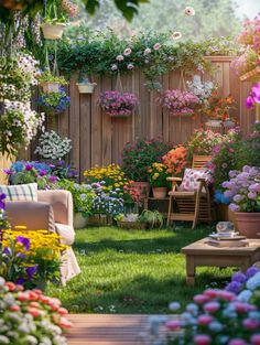 a garden filled with lots of flowers next to a wooden fence covered in potted plants