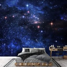 an image of a bedroom with stars in the sky