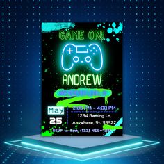 a neon video game birthday party poster with an image of a gaming controller on it