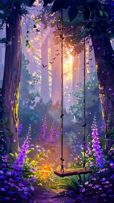 a swing in the middle of a forest filled with purple flowers and birds flying around