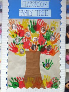 a family tree made out of handprints on a sheet of paper with children's hands